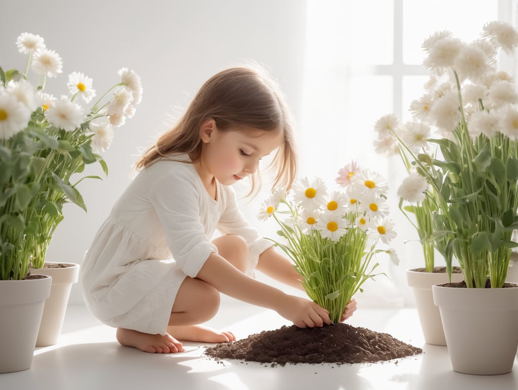 maza meitenīte stāda puķes