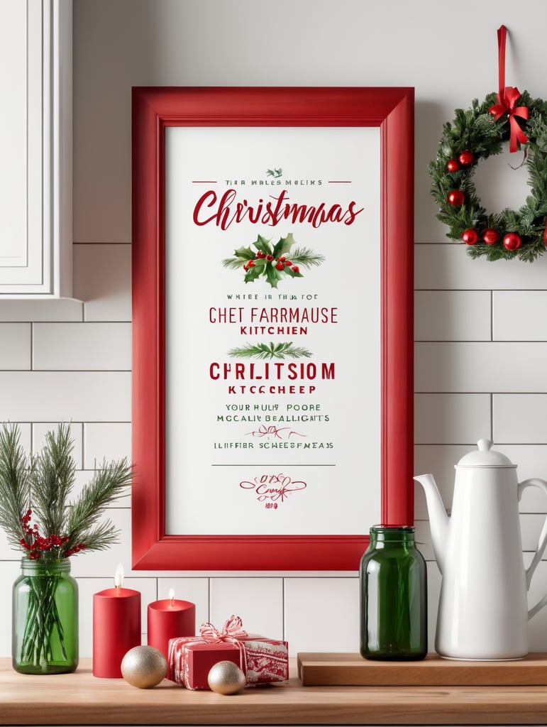 vertical picture frame mockup, cozy farmhouse kitchen, christmas decoration, red, white, green, christmas lights