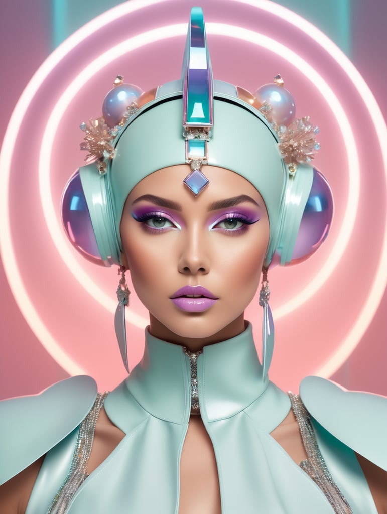 A beautiful european female pop artist wearing a pastel sleek futuristic outfit with a huge headpiece centerpiece. She has clean makeup and is captured in vivid colors, embodying the essence of fantasy and a minimalist, fantastical, edgy, and regal themed outfit, with depth of field.