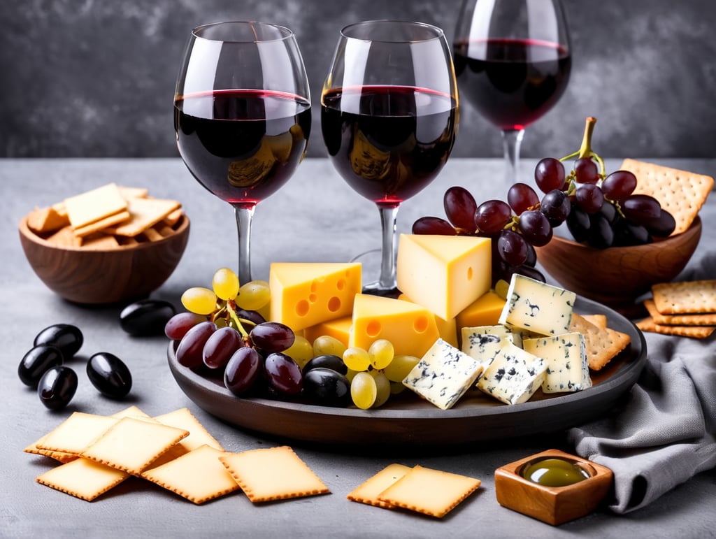 A glass of wine with cheese, crackers, grapes, and olives