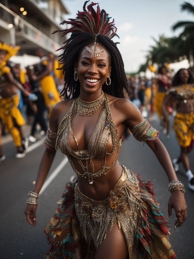 Full body of woman who is dancing in a caribbean carnival parade in the middle of the road, full body, smiling, concept art, highly detailed, intricate, sharp focus, digital art