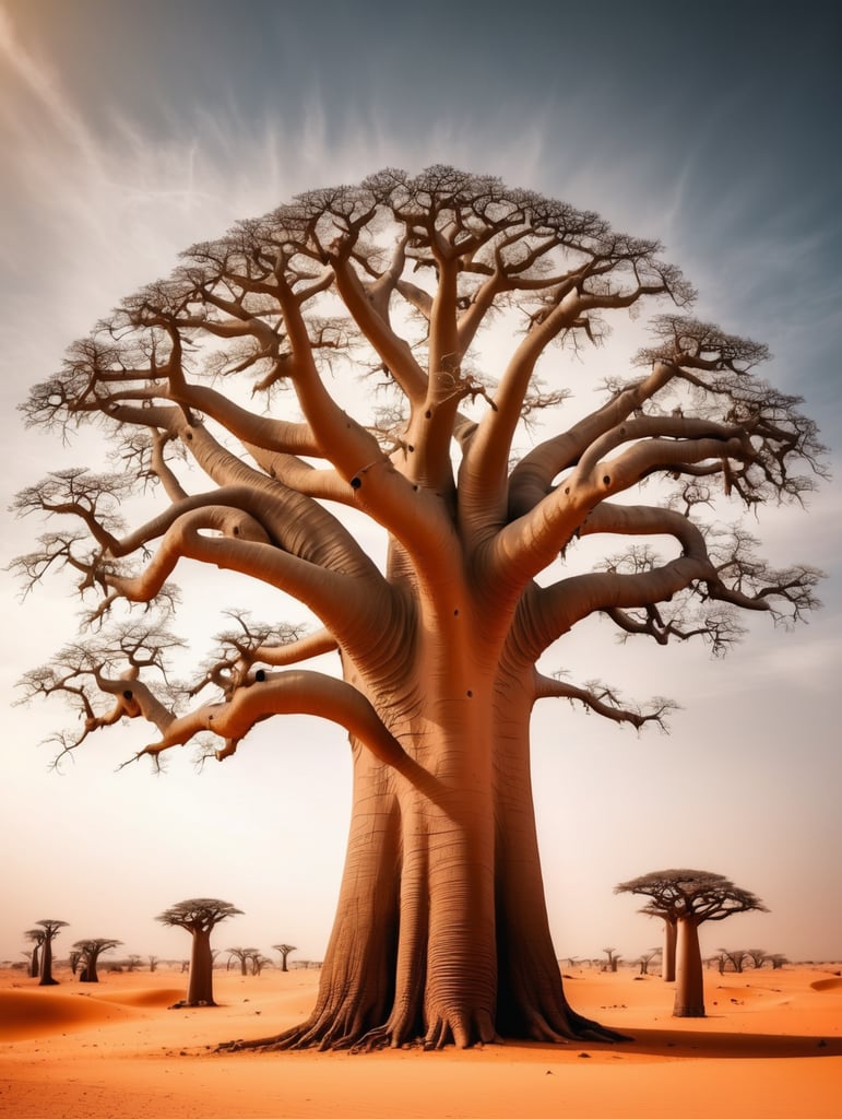 Imagine a mystical giant baobab tree on the Sahara desert with many human long noses.
