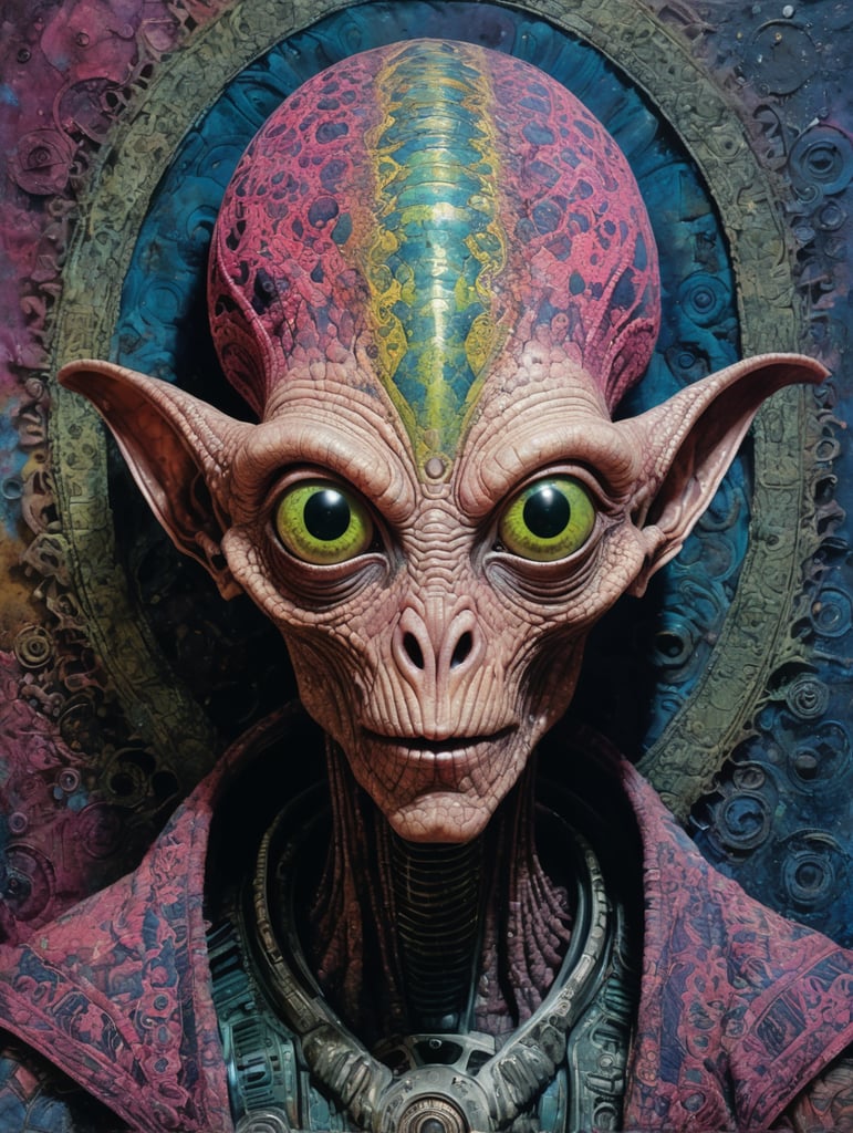 Portrait of an alien, batik, intricate details, surreal, Alien, Cyberpunk Trashcore Style, s 1000