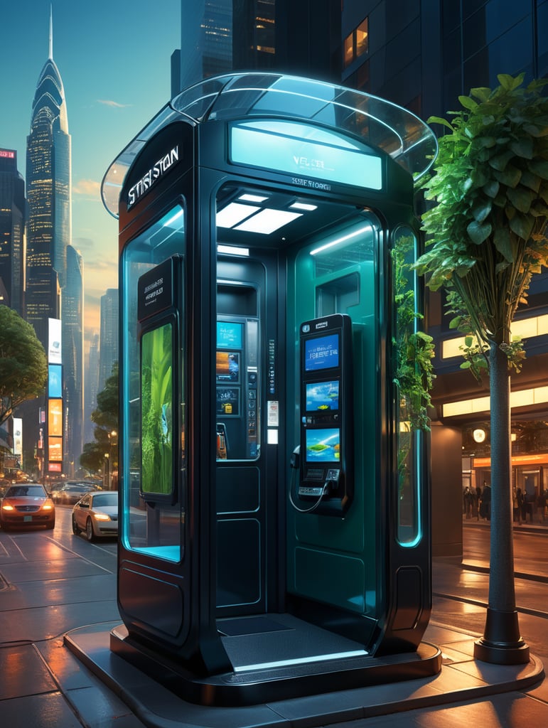 A sleek, state-of-the-art telephone booth with cutting-edge technology and solar power integration, presented through a professional digital illustration style. In the spirit of concept artist Syd Mead, this image showcases a futuristic, cityscape backdrop. The booth exudes minimalism and sophistication with its clean lines and advanced touchscreens. The color palette is a mix of cool, futuristic blues and vibrant, eco-friendly greens. Facial expressions are determined and focused, bathed in the glow of a digitally enhanced atmosphere, demonstrating the embodiment of professionalism in modern technology. --v 5 --stylize 1000