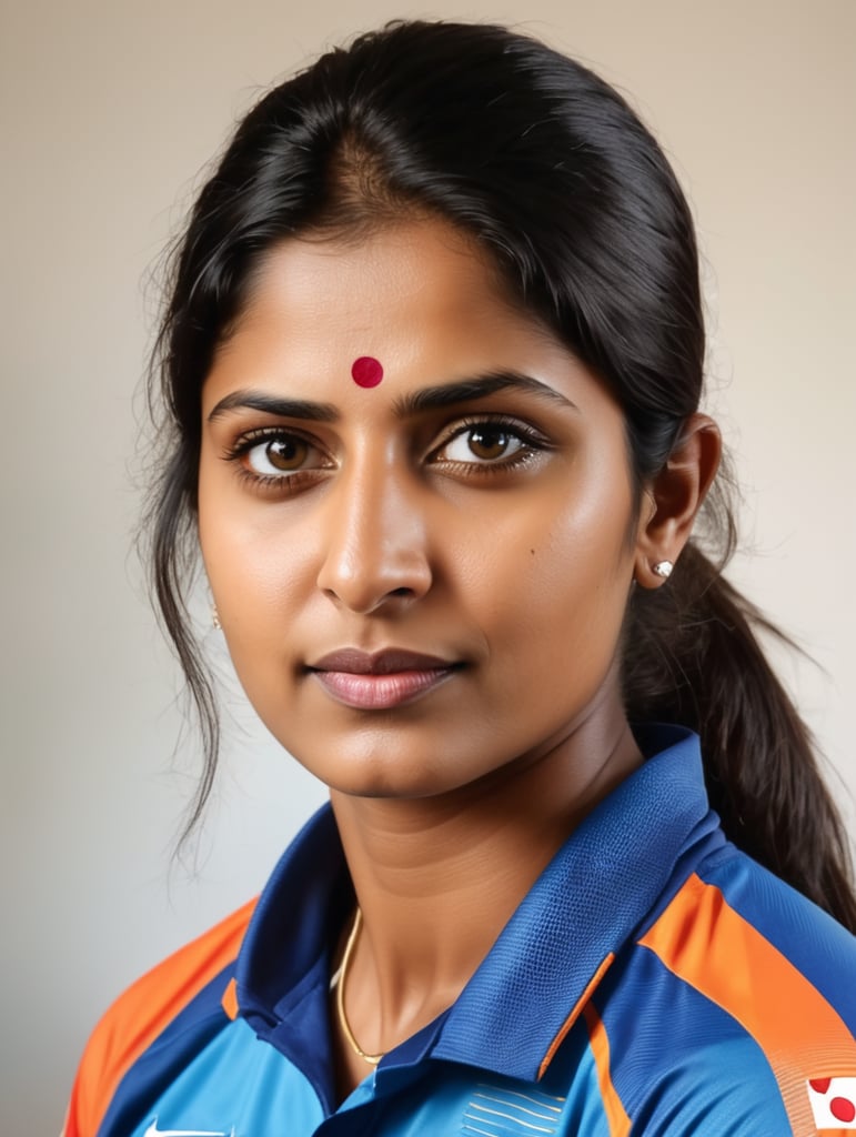 Mitali Raj, Indian cricketer - Abstract form, bold fast patch work colors, full patch colur work technique portrait side face, no make up, natural style of face & hair, no bindi