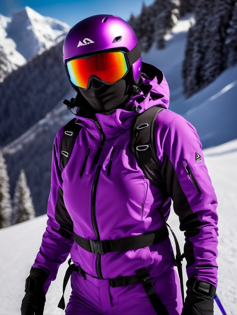 bright violet color, ski suit, commercial shoot, subject photography