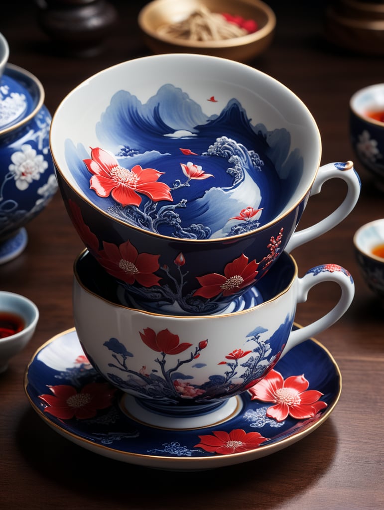 A teacup with delicate porcelain, inspired by Japanese ukiyo-e woodblock prints, featuring vibrant indigo and crimson hues, depicting a serene geisha pouring tea into the cup, evoking a sense of tranquility and grace.