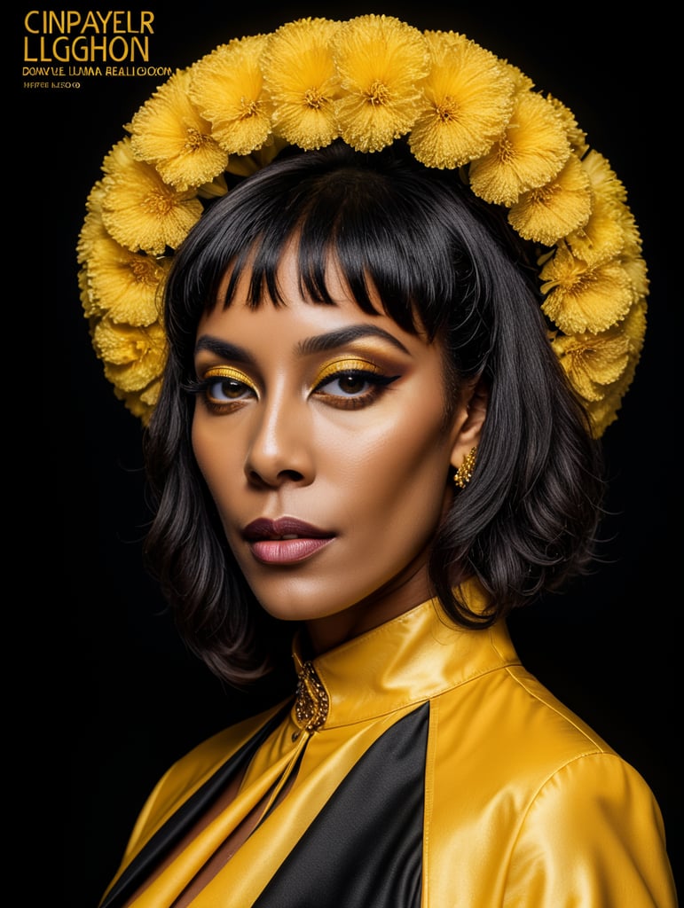 Donyale luna, avant-garde, simplygo, photoshoot spread, dressed in all yellow, black background, harpers bizarre, cover, headshot, hyper realistic