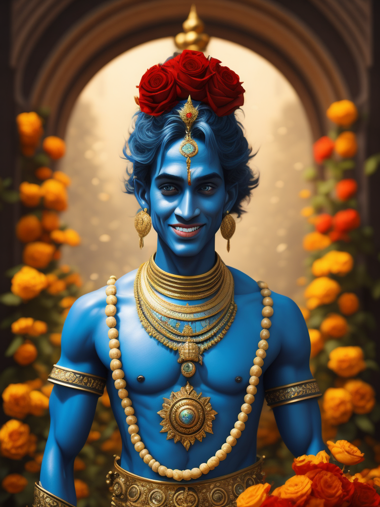 erstelle mir ein bild von gott, dem höchsten herrn, in der form von krishna. mit rosen und tagetesblumen als girlande, einem süßen lächeln und wunderbar liebenden blauen augen. üppig geschmückt, mit blau schimmernder haut