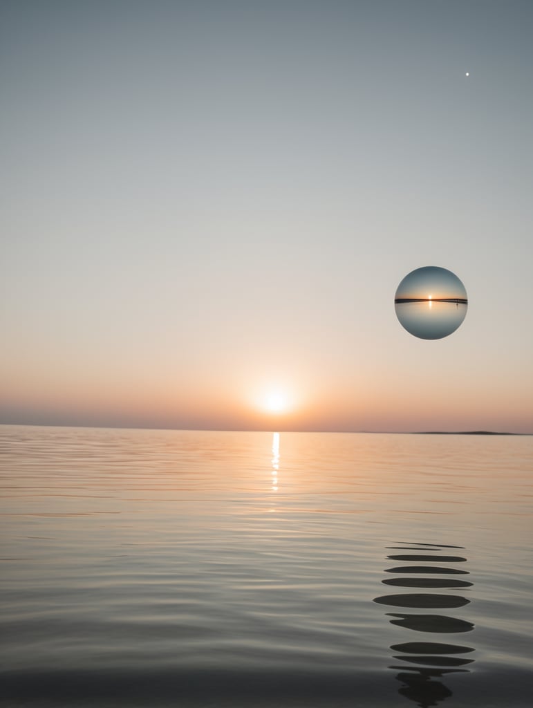 minimal, simple white sphere floating above the calm water, just the horizon on the background, image should look like it is a 35mm film photo