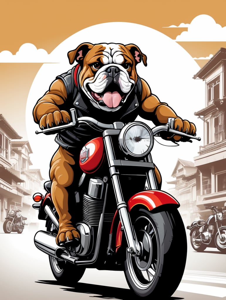 a bulldog riding a motorbike, in the style of vector comic art on white background