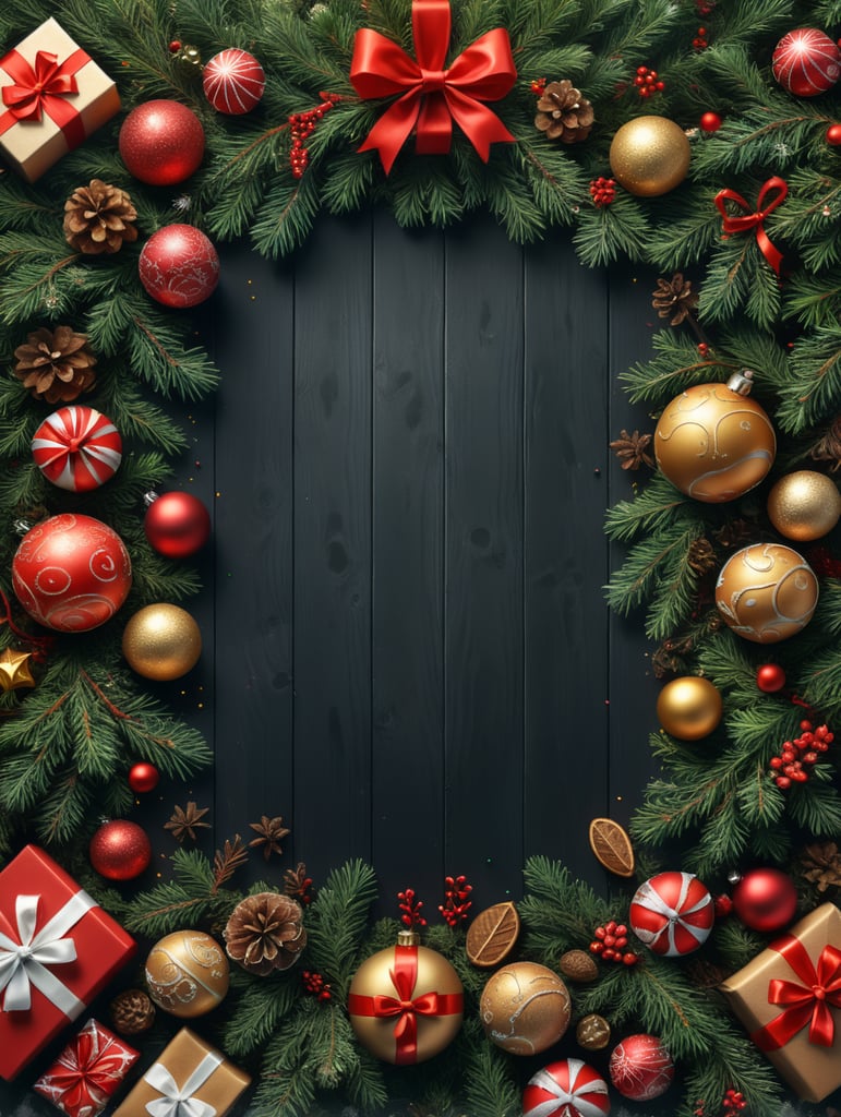 Christmas Illustration With Realistic Fir Branches. Also put Christmas-related balls,Gingerbreads and gift boxes elements on the design. Leave the middle part of the design big blank so I can write. top view