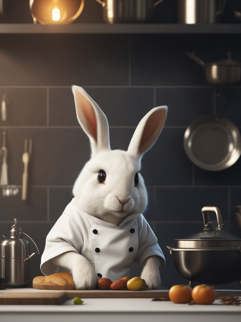 White cute rabbit stylized as a cook in a white clothes at the kitchen