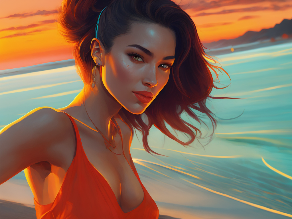 lounge style, summer, breeze, neon, red and orange glow, 4k, digital painting, highly detailed, beach, sunset, woman, vector illustration character, grain