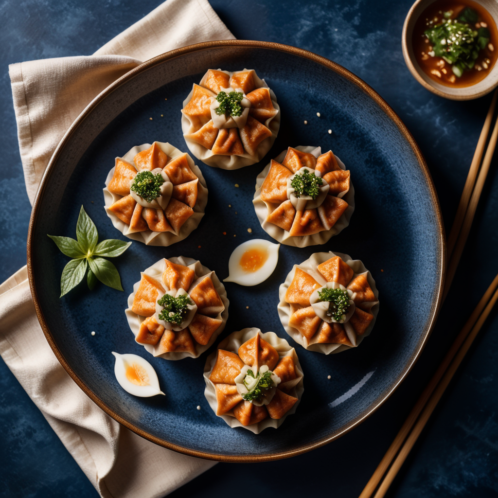 three, chicken Shumai dumpling, dark blue surface, top view