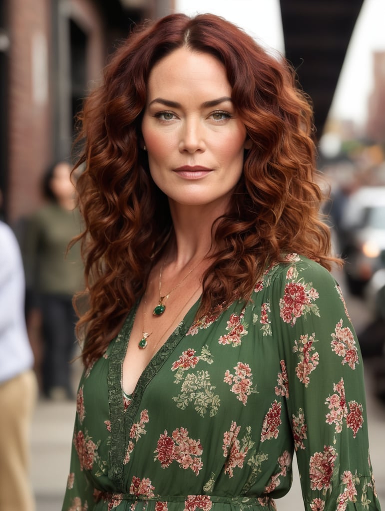 44-year-old actress Lena Headey in Brooklyn, with green eyes, thick dark red curly hair that reaches below her shoulders and she is dressed in a simple and modest floral hippie style dress.