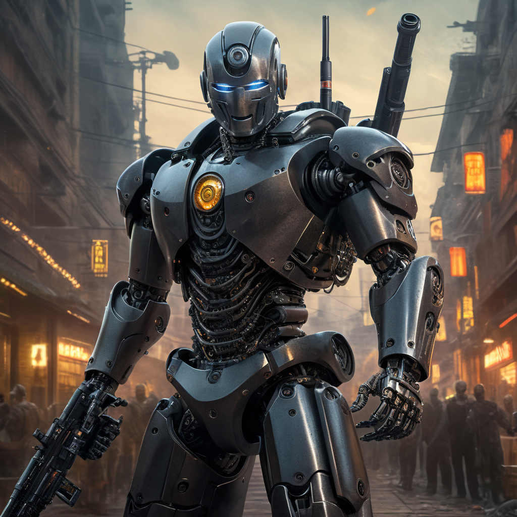 humanoid robot, hacker, rifle mafia style, realistic art, illustration, isolated bokeh background, 4k