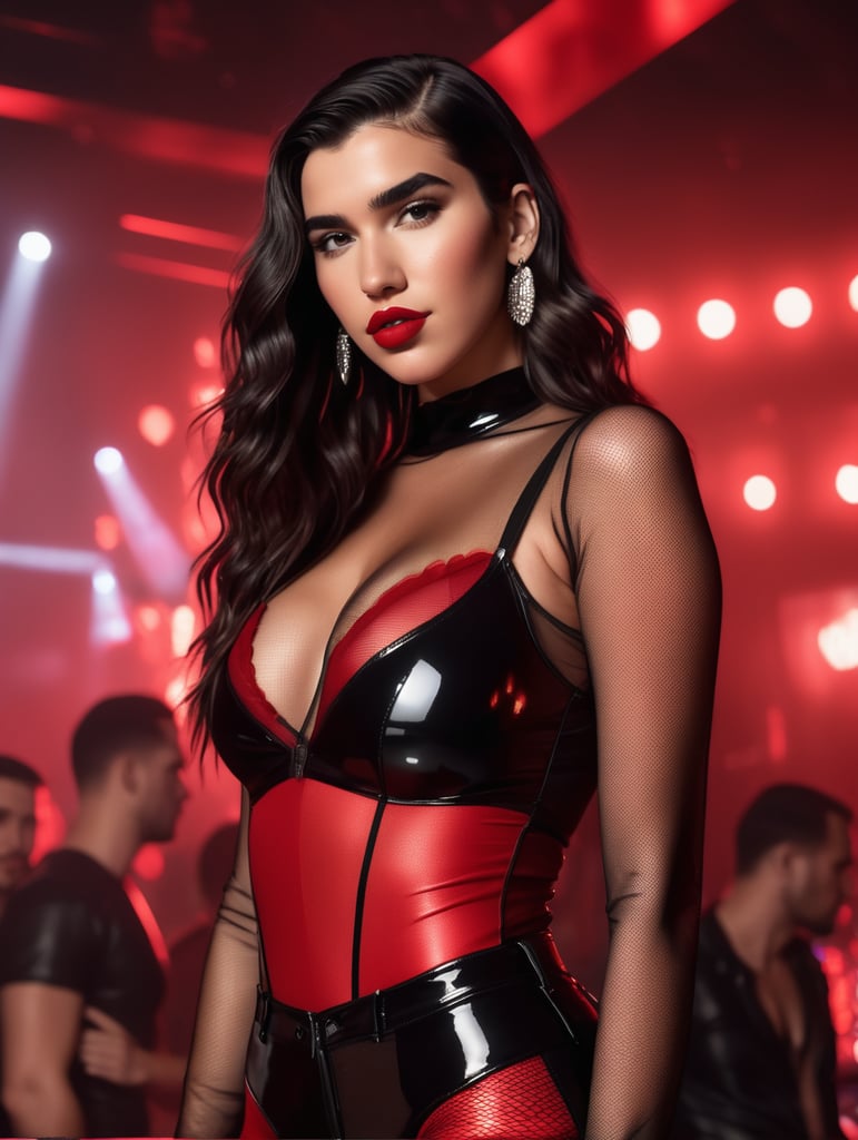 A fully-body 4K image of Dua Lipa, long and wavy hair, standing at a nightclub bar, large bust, red lipstick, wearing high-waisted tight black PVC leggings and a red mesh bodysuit, red heels, dramatic lighting, blurred background