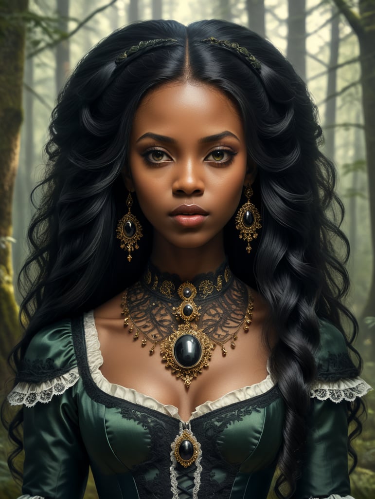 uma linda garota negra de cabelos lisos, muito compridos e pretos com um lindo penteado vestida com uma roupa do seculo 19 ela usa um camafeu e um lindo decote ela esta em uma floresta sombria e escura