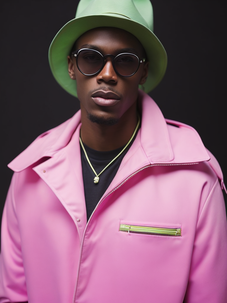 Black male fashion model, Wearing a pink jacket and a green panama hat, large black sunglasses, Black background, Bright and rich colors, bright saturated color, sharp focus,