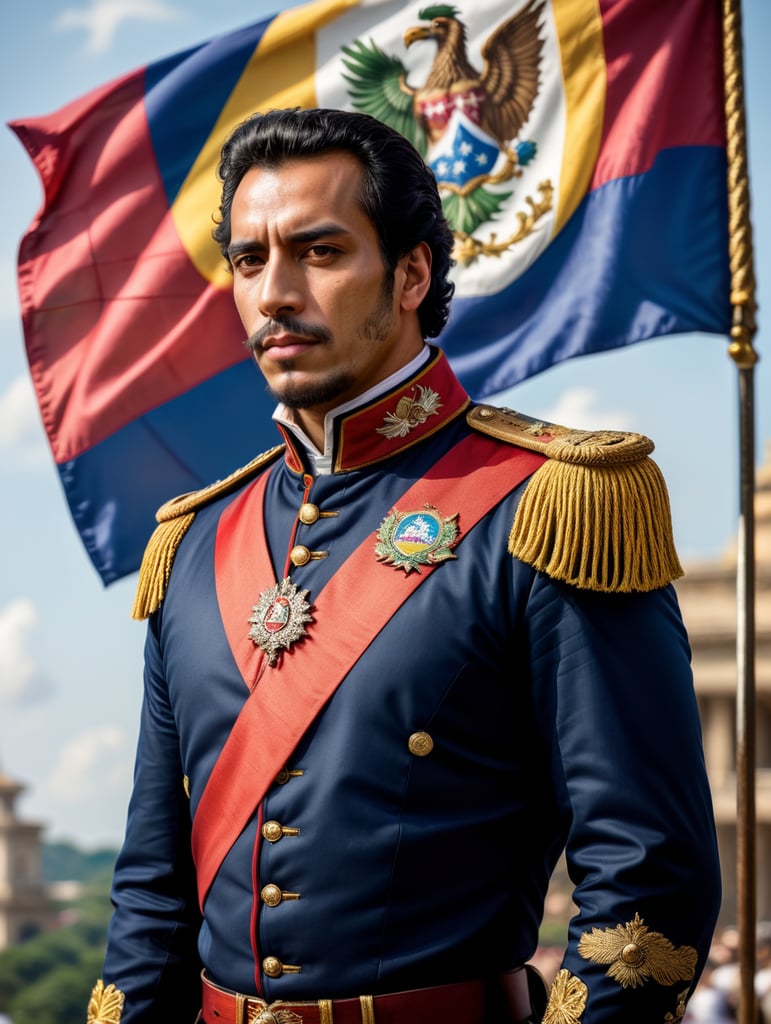 El Libertador Simón Bolívar vestido a la moda italiana moderna, pero estilo año 1810 y de fondo la bandera de Venezuela