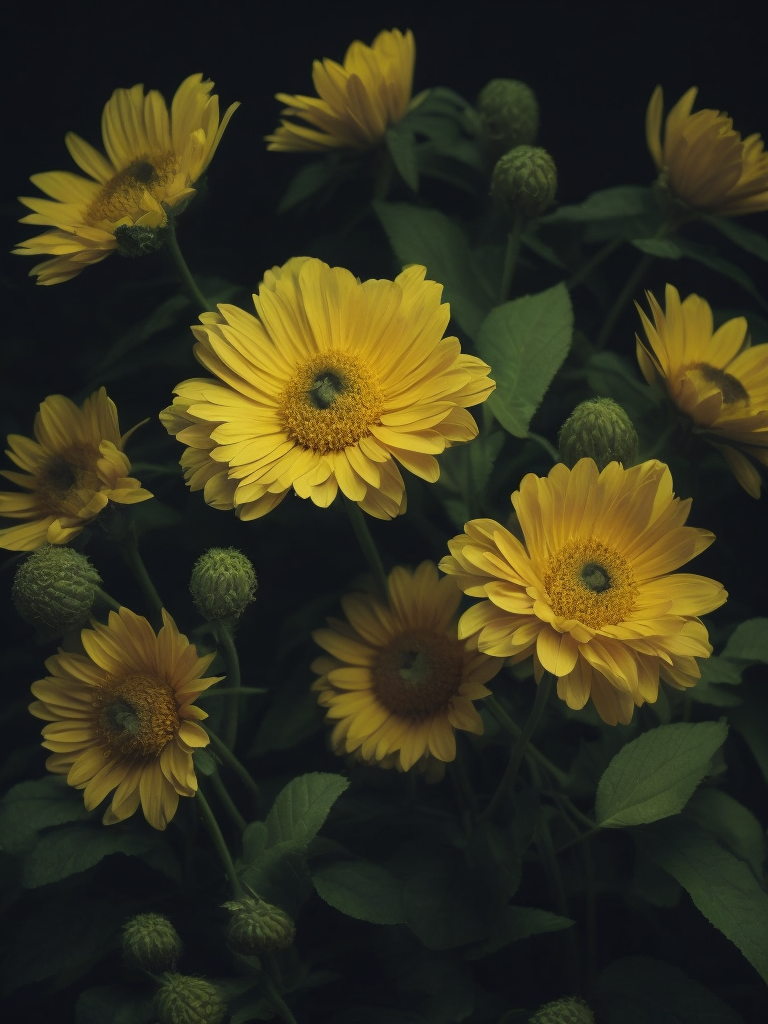 yellow flowers, dark atmosphere, deep colors, clear details