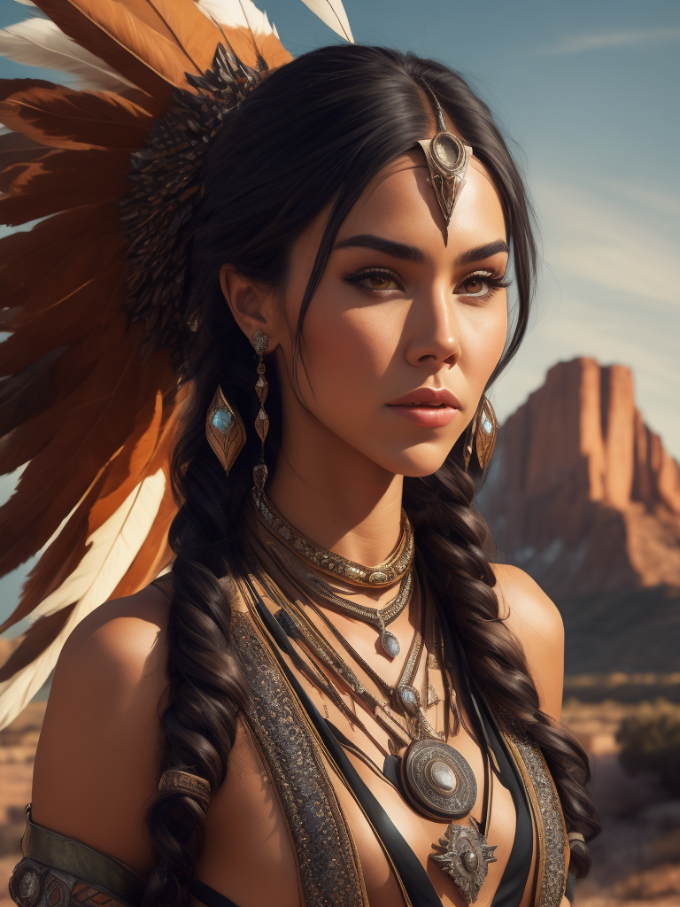 mdjrny-v4 style portrait photograph of Madison Beer as Pocahontas, young beautiful native american woman, perfect symmetrical face, feather jewelry, traditional handmade dress, armed female hunter warrior, (((wild west))) environment, Utah landscape, ultra realistic, concept art, elegant, ((intricate)), ((highly detailed)), depth of field, ((professionally color graded)), 8k, art by artgerm and greg rutkowski and alphonse mucha