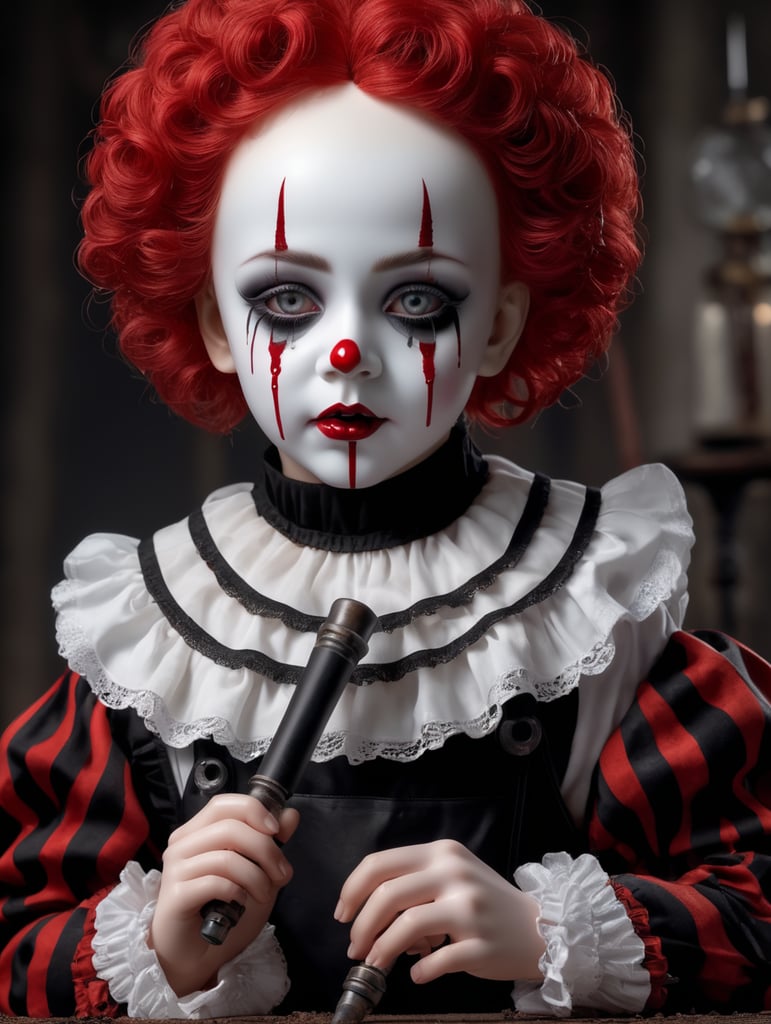 3d gothic porcelain doll as mimes with tears of blood hyper realistic 8k holding a pipe wrench