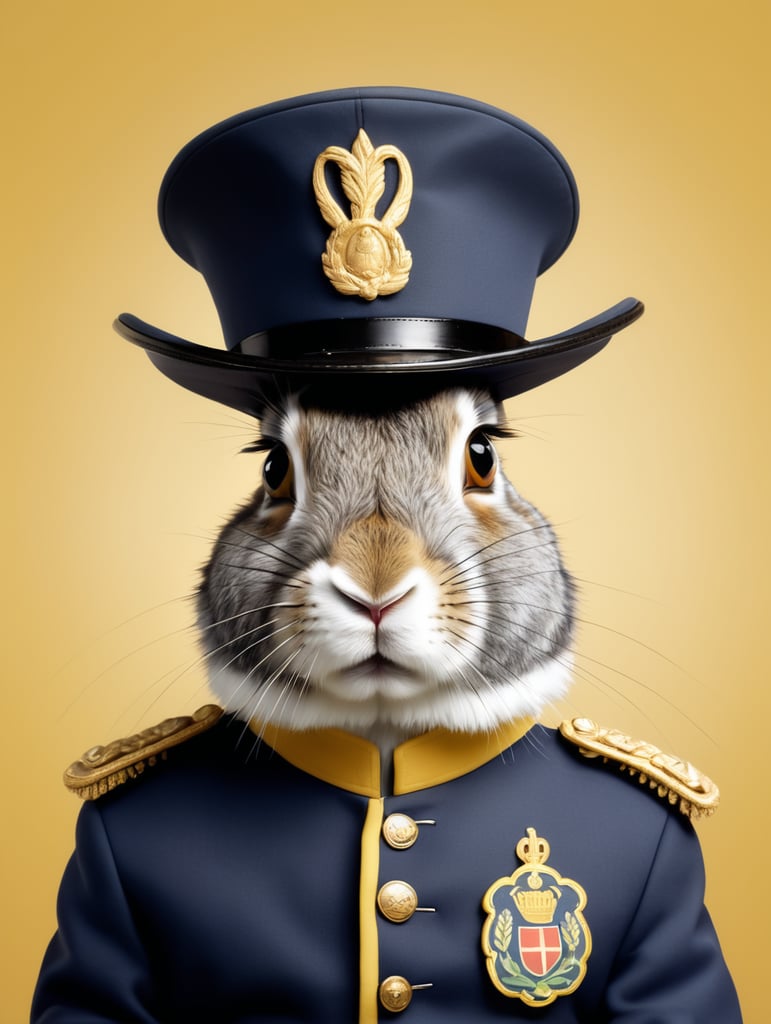 Portrait of a rabbit in a hat and uniform, made in a realistic style on a uniform yellow background