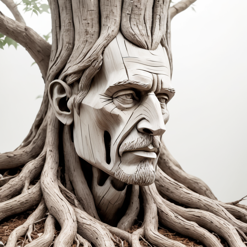 A man made of wood and tree roots Totally depressed