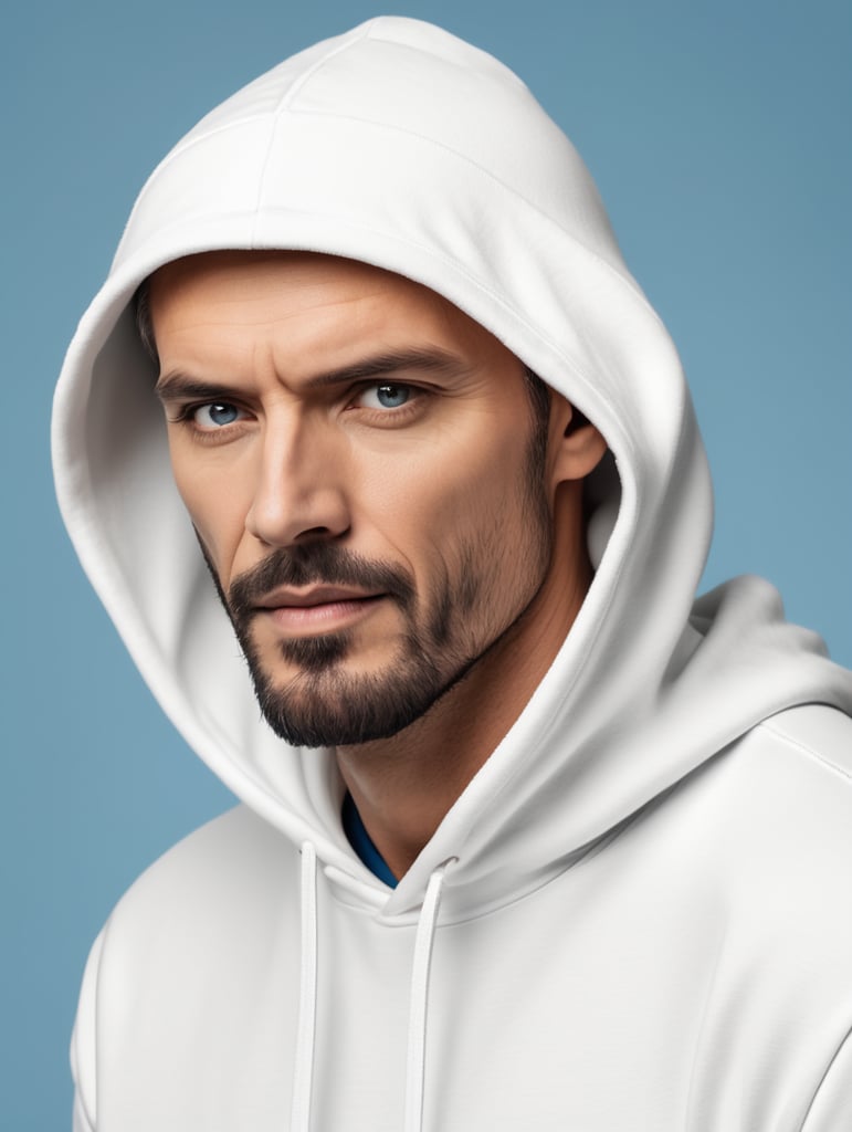 photography of a man wearing blank white hoodie, isolated, blue background, style of Richard Avedon, mockup, mock up