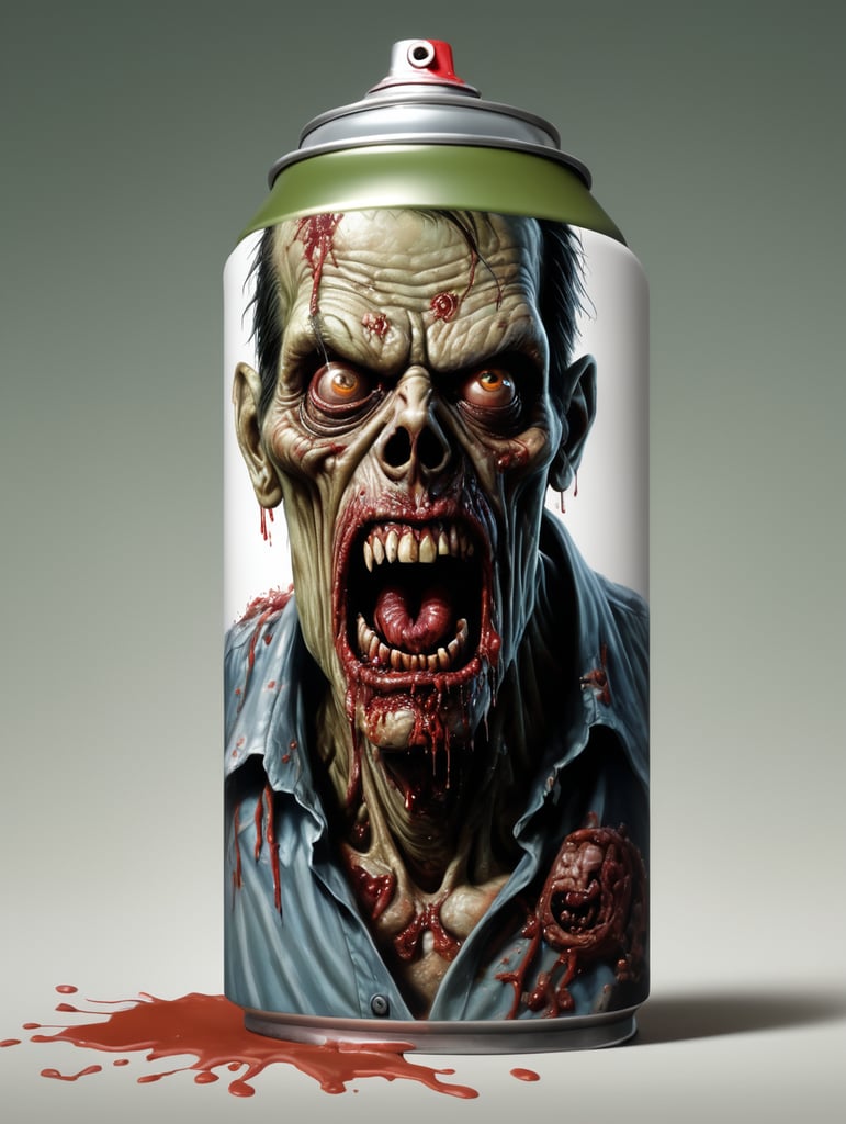 Zombie spray can ,Rotting flesh ,hored of zombie flesh horror, ironic, creepy, scary caricature, satire, hyperdetailed illustration by Brian Bolland and iconic, hyperdetailed, digital illustration by Derek Riggs, (iconic, hyperdetailed, haunting digital illustration by Zdzisław Beksiński and Peter Gric. ) and artist Vincent Locke