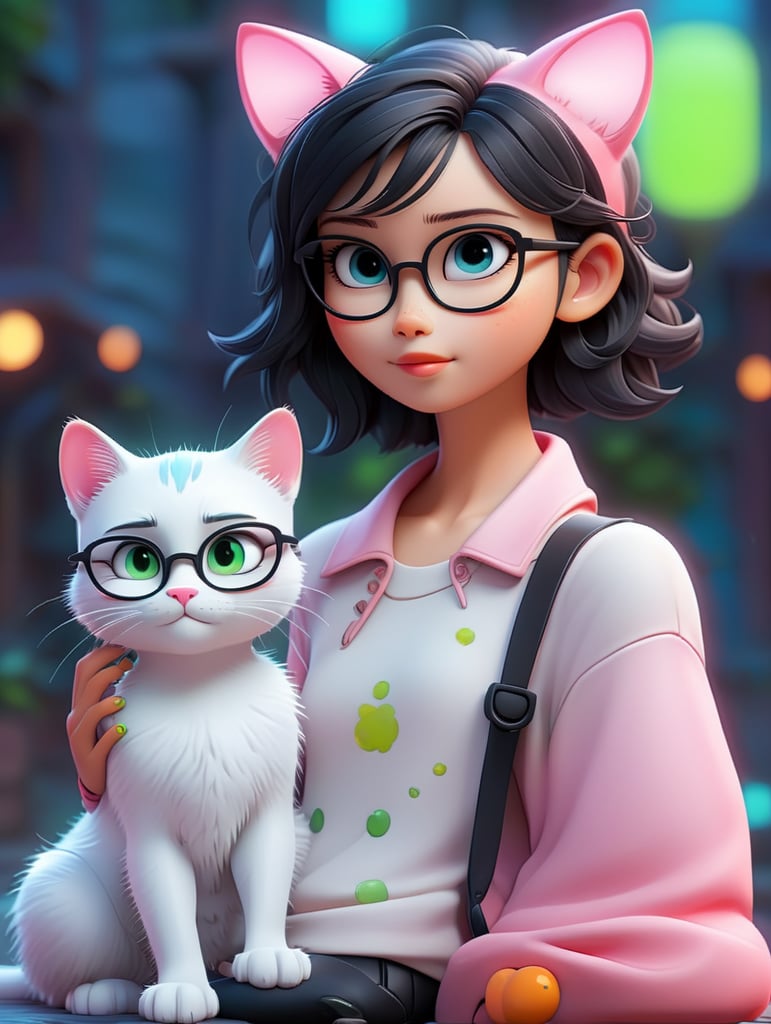 Premium AI Image, modern anime character of Chinese girl AI generated, neon, sunglasses, small cat, lizard