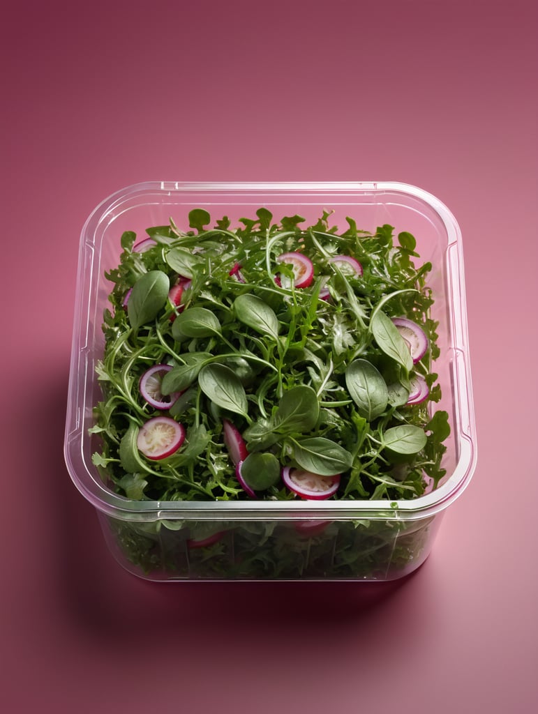 blank Transparent Plastic Container with Arugula Salad, isolated, pink background, Mockup, mock up