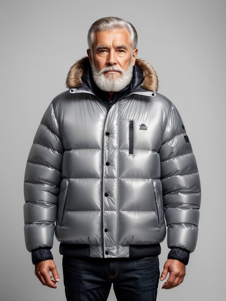 Inflatable white minimalist old man with beard puffer jacket, transparent, isolated, grey background, mockup