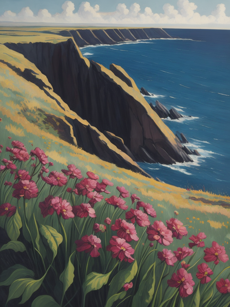 A painting by Andre Lhote. A painting of striking sea pinks, or thrift, along the coastal cliffs of Orkney combines Cubist and Fauvist styles to showcase the captivating beauty of these resilient flowers. The composition utilizes bold shapes and a palette of vivid pinks, blues, and greens, highlighting the contrast between the delicate blossoms and the dramatic, windswept landscape.