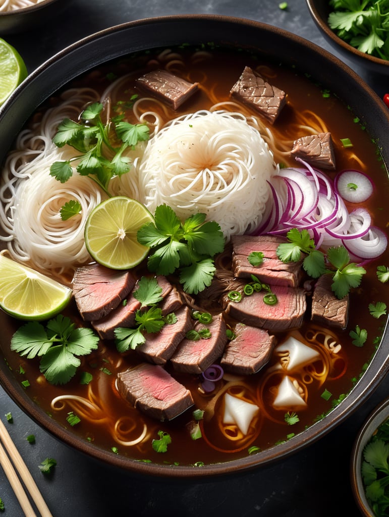 Aromatic beef broth, slices of boiled beef, rice noodles, soy sprouts, red onion, green onion, ginger, lime, mint, cilantro, chili pepper