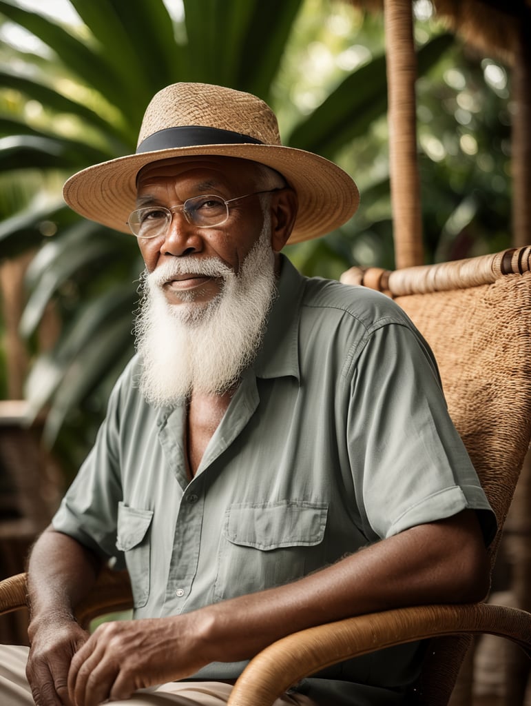 A wise old man with white beard and bakoua hat in a tropical setting, sitting on a straw chair, shot on hasselblad, shadowplay