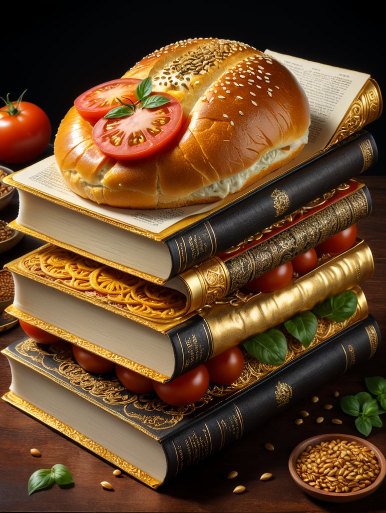 A stunning interpretation of extreme book sandwich, golden bun with seeds, hard cover books with title engraved with gold interleaved with letucce, tomato slice, mayonese, highly detailed and intricate