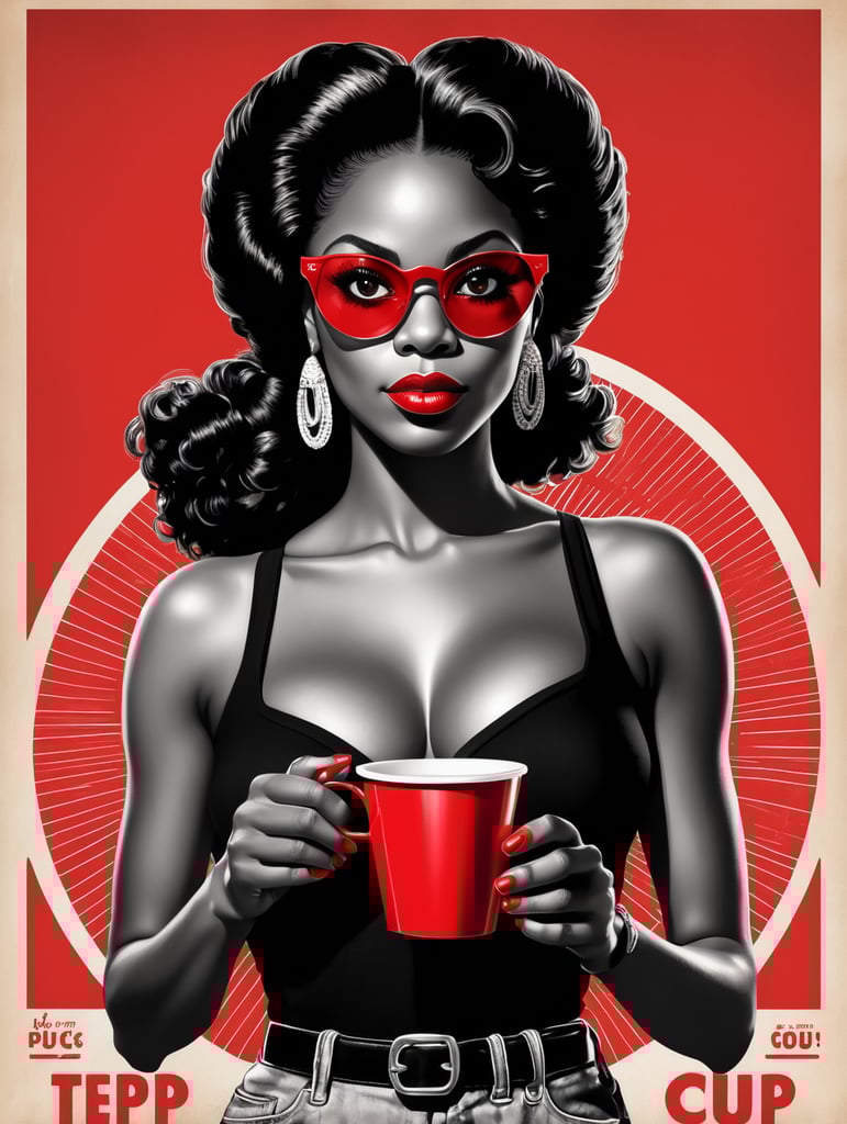 Miami black woman holding a red cup eye-catching poster-style drawing and illustration representing the iconic pulp style.
