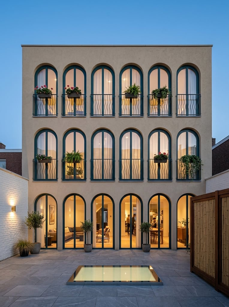A contemporary beige stucco building facade features a symmetrical grid of large arched windows under a clear twilight sky. The upper stories display six arched openings framed in dark teal, accented by sheer white curtains and dark Juliet balconies with wavy railings holding potted plants. Below, matching arched glass doors reveal a warmly lit modern interior, opening onto a minimal gray paved courtyard with a flush rectangular glass skylight. The space is bordered by a white brick wall with a glowing sconce on the left and a bamboo privacy screen on the right, perfectly balancing cool dusk ambient light with warm architectural illumination.