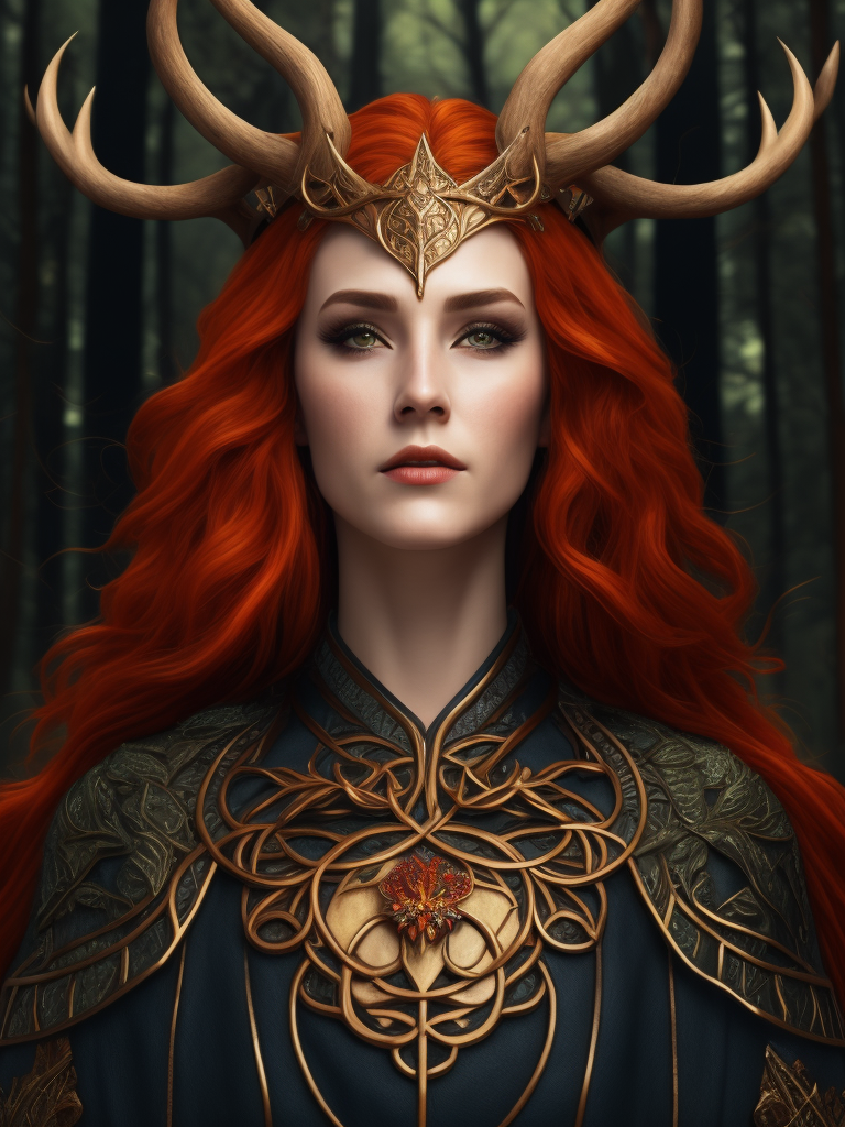 stained glass effect, celtic pagan red haired woman wearing antlers on her head, regal goddess, beautiful, in a forest, wearing ancient goddess robes with celtic embroidery, dark evening background, stained glass style