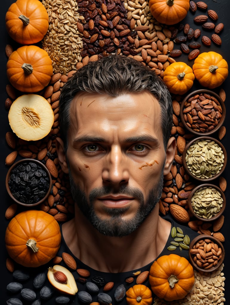 anatomy of a male, made of ingredients, nuts, raisins, almonds, dates, pumpkin seeds, isolated, black background