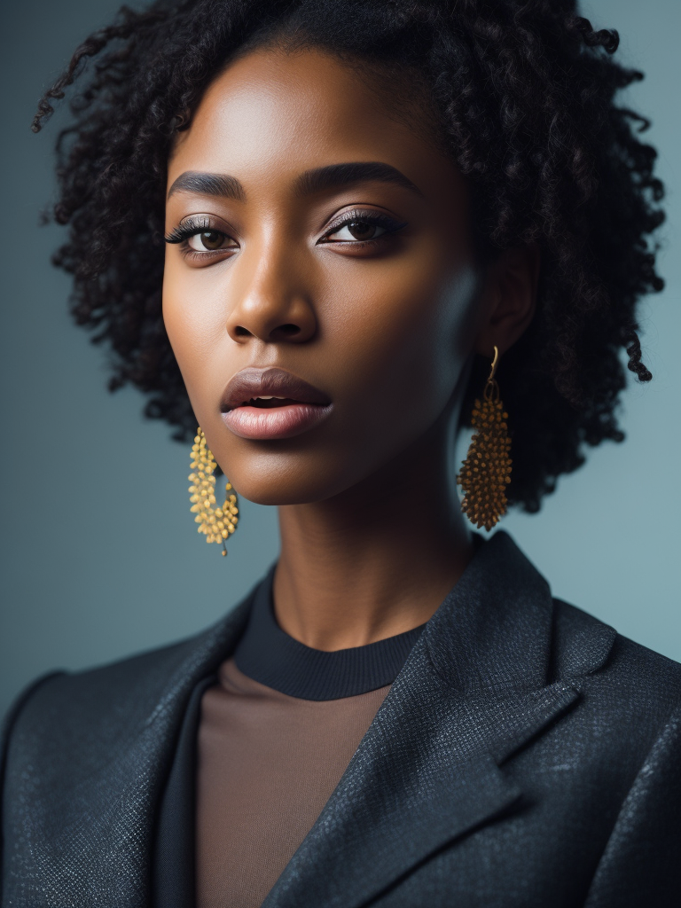 A photo of a beautiful black woman with black curly hair, big earrings, dreamy, nostalgic, fashion editorial, studio photography, magazine photography, earth tones