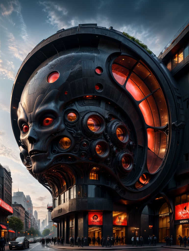 the craziest, bentwood, far view lens architectural modern style hyper realistic hyper detailed neocosmic exterior architecture design of a alien Fluid complex facade, geometric shapes spectrum, black::1 red:3, Antoine Blanchard architecture art style, in new York city, dramatic ambient, natural lighting