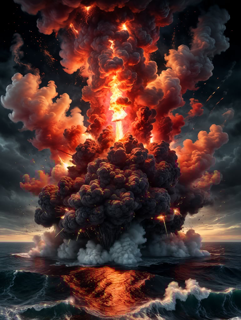 spark exploding in a red cloud of gas, over a black background hovering over the ocean