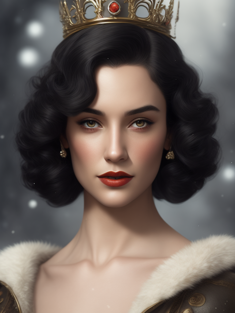 Beautiful young woman, princess, very pale, curly black hair and dark eyes, Snow White, 1930s style.