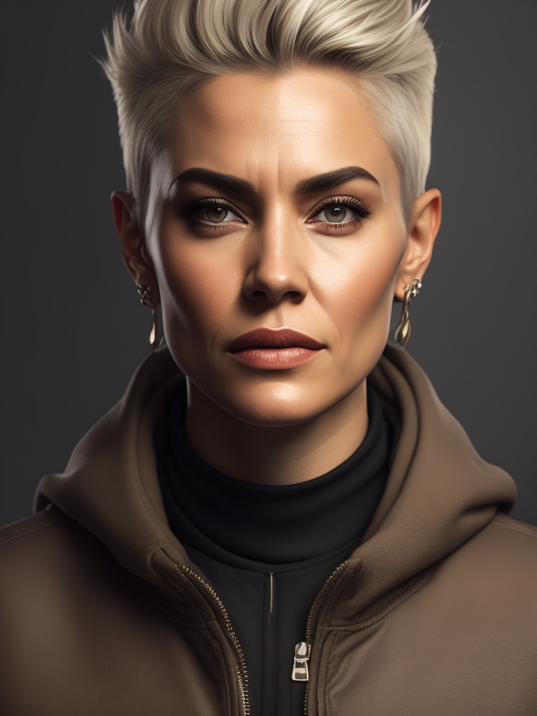 a 42 yo woman, blonde, (hi-top fade:1.3), dark theme, soothing tones, muted colors, high contrast, (natural skin texture, hyperrealism, soft light, sharp)