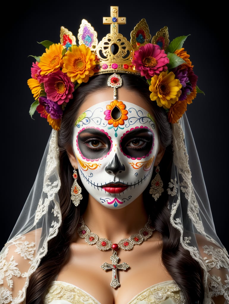 Isolated logo cutout of a dia de los muertos, Mexican girl portrait wearing veil over her head with a crown of flowers praying with a crucifix wrap in her hand carnival mask of the day of the dead