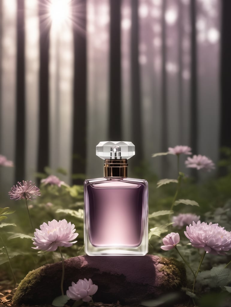 Perfume bottle with mauve color, sitting in a forest clearing with a few flowers around. Soft beams of light filter through the canopy